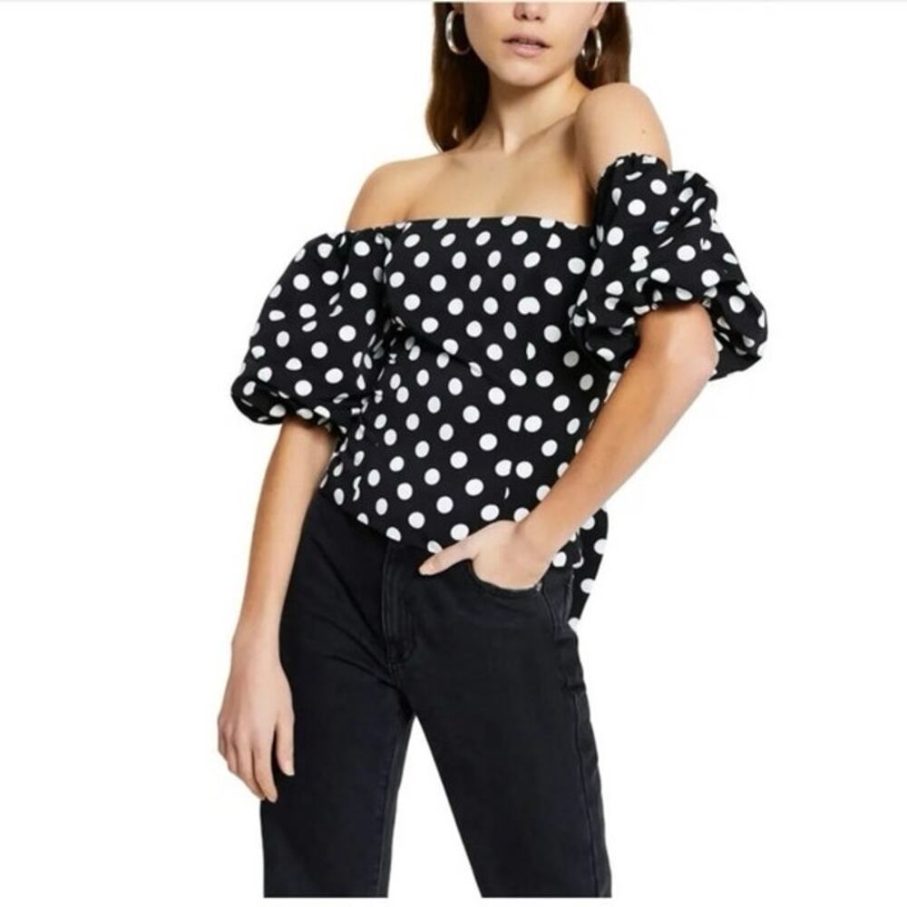 River Island Shelly Bardot Black White Polka Dot Blouse Top Women’s US Sz 6